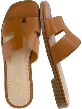 Women's Whiskey Memory Foam Vegan Leather Cutout Strap Slides Slip On Flat Shoes